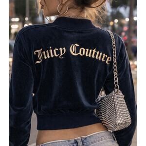 Juicy Couture Vintage Cropped Velour Zip Jacket Women L Blue Gold Logo Y2K Rare